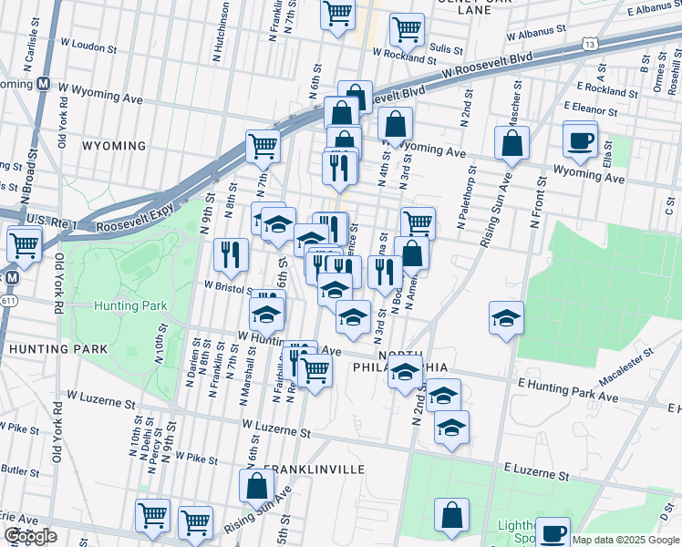map of restaurants, bars, coffee shops, grocery stores, and more near 439 Saint Luke Street in Philadelphia