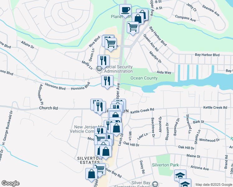 map of restaurants, bars, coffee shops, grocery stores, and more near 1922 Hooper Avenue in Toms River