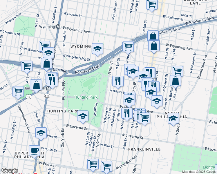 map of restaurants, bars, coffee shops, grocery stores, and more near 4313 North 9th Street in Philadelphia