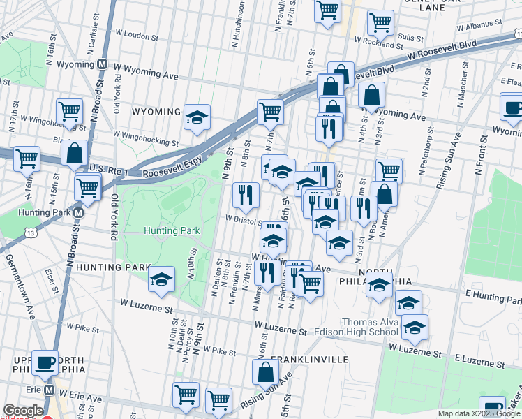 map of restaurants, bars, coffee shops, grocery stores, and more near 632 West Bristol Street in Philadelphia