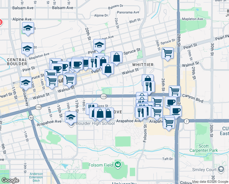 map of restaurants, bars, coffee shops, grocery stores, and more near 2121 Canyon Boulevard in Boulder