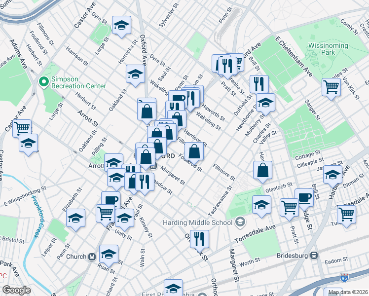 map of restaurants, bars, coffee shops, grocery stores, and more near 1663 Foulkrod Street in Philadelphia