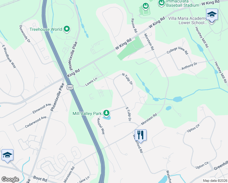 map of restaurants, bars, coffee shops, grocery stores, and more near 1306 North Tulip Drive in West Chester