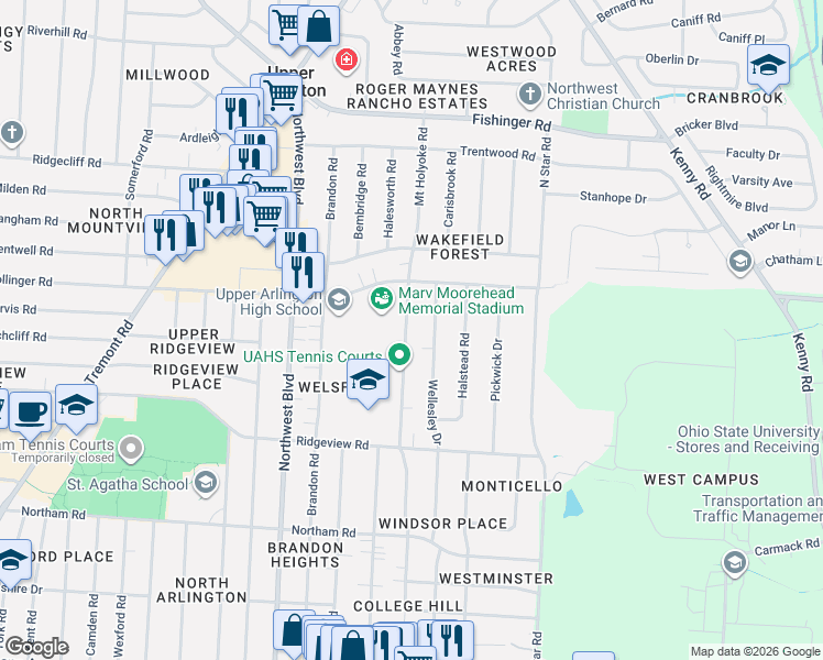 map of restaurants, bars, coffee shops, grocery stores, and more near 2898 Mount Holyoke Road in Columbus