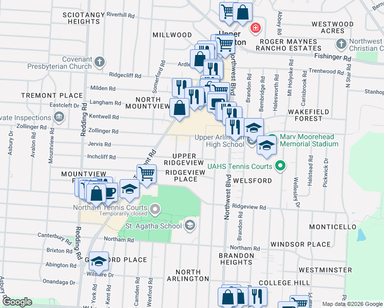 map of restaurants, bars, coffee shops, grocery stores, and more near 1840 Harwitch Road in Columbus