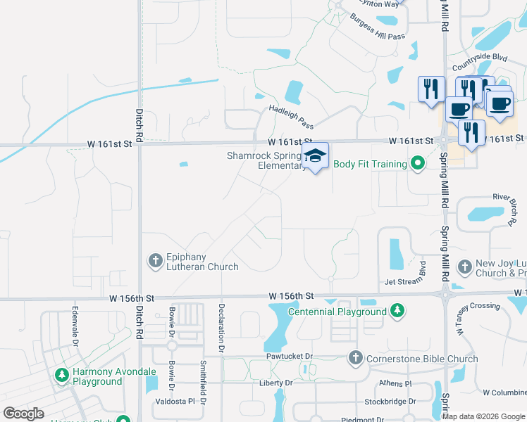 map of restaurants, bars, coffee shops, grocery stores, and more near 1046 West 156th Street in Westfield