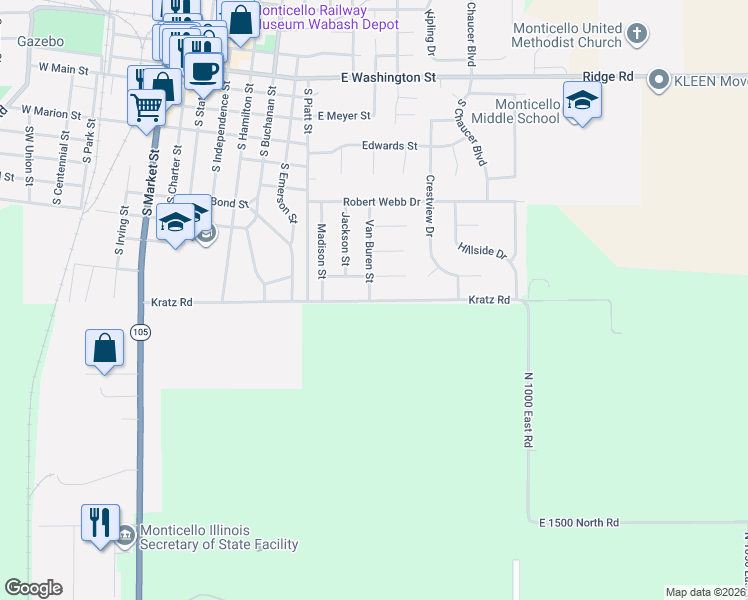 map of restaurants, bars, coffee shops, grocery stores, and more near 903 Van Buren Street in Monticello