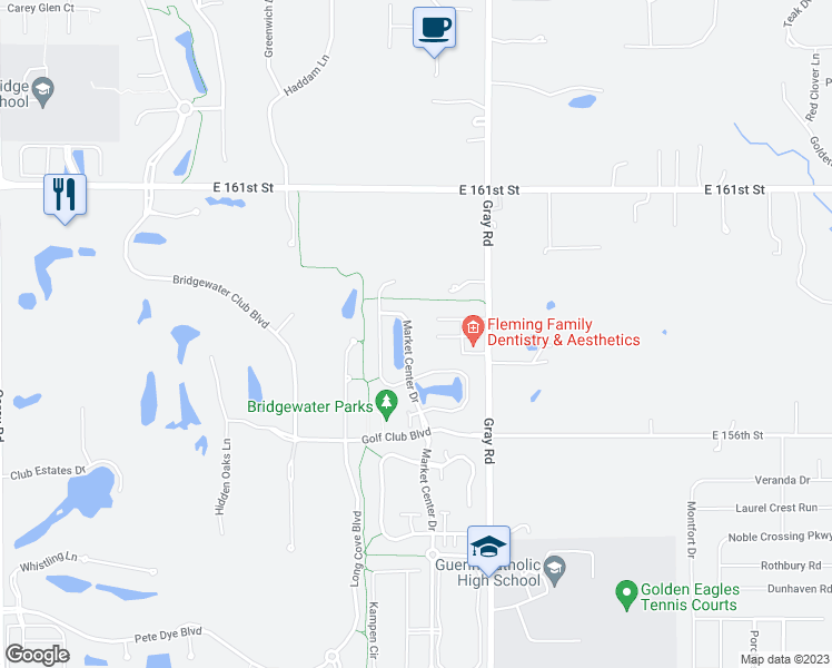 map of restaurants, bars, coffee shops, grocery stores, and more near 15745 Market Center Drive in Carmel