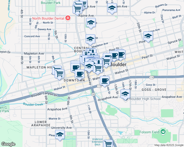 map of restaurants, bars, coffee shops, grocery stores, and more near 2015 13th Street in Boulder