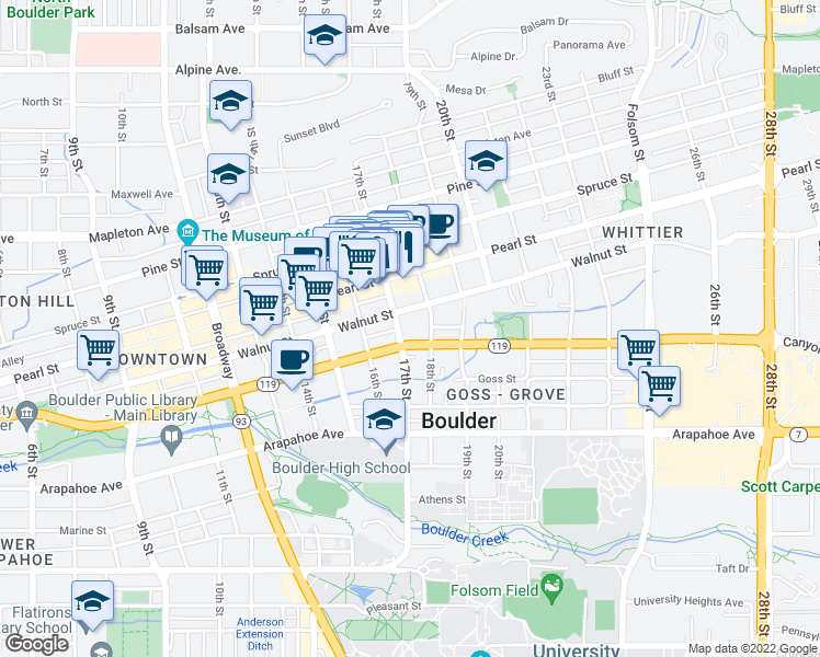 map of restaurants, bars, coffee shops, grocery stores, and more near 1824 17th Street in Boulder