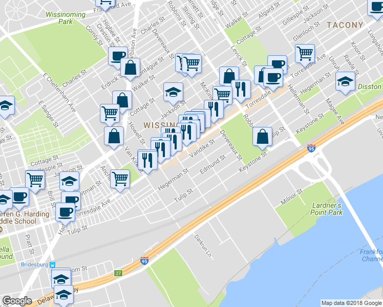 map of restaurants, bars, coffee shops, grocery stores, and more near 4711 Higbee Street in Philadelphia