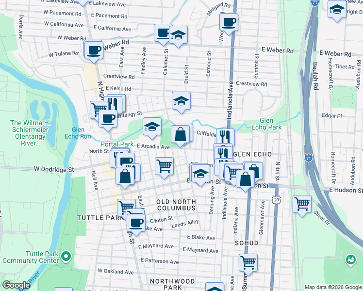 map of restaurants, bars, coffee shops, grocery stores, and more near 2717 Hibbert Avenue in Columbus