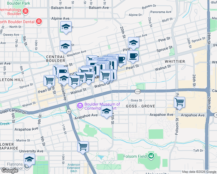 map of restaurants, bars, coffee shops, grocery stores, and more near 1845 17th Street in Boulder