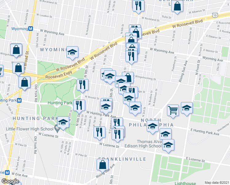 map of restaurants, bars, coffee shops, grocery stores, and more near 4343 North Fairhill Street in Philadelphia