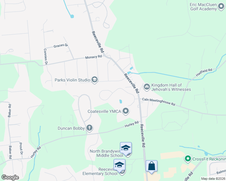 map of restaurants, bars, coffee shops, grocery stores, and more near 35 Old Spring Road in Coatesville