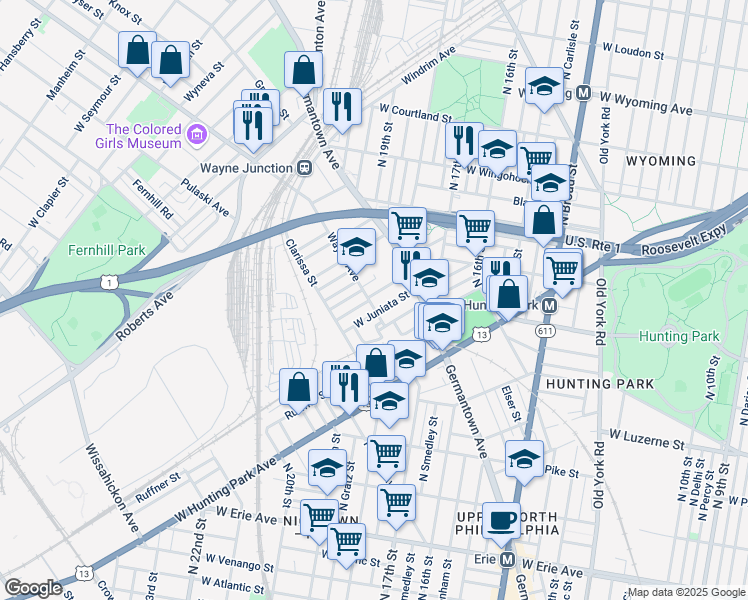 map of restaurants, bars, coffee shops, grocery stores, and more near 1864 Brunner Street in Philadelphia