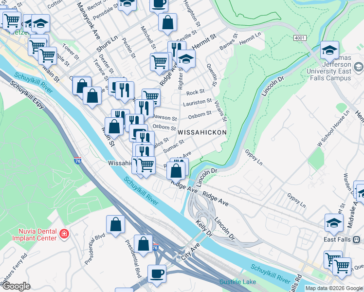 map of restaurants, bars, coffee shops, grocery stores, and more near 163 Sumac Street in Philadelphia