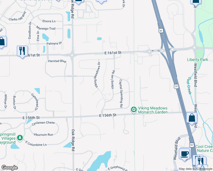 map of restaurants, bars, coffee shops, grocery stores, and more near 15872 Viking Lair Road in Westfield