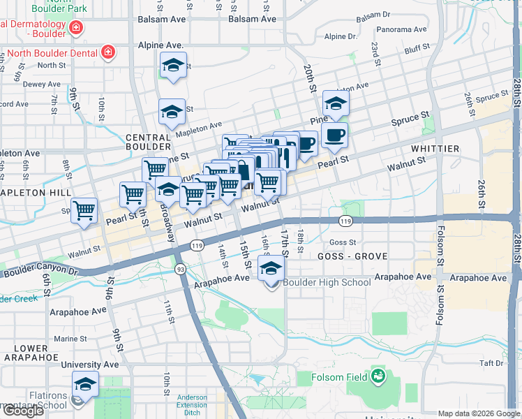 map of restaurants, bars, coffee shops, grocery stores, and more near in Boulder