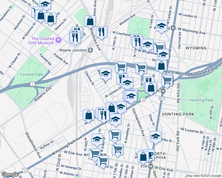 map of restaurants, bars, coffee shops, grocery stores, and more near 1864 Brunner Street in Philadelphia