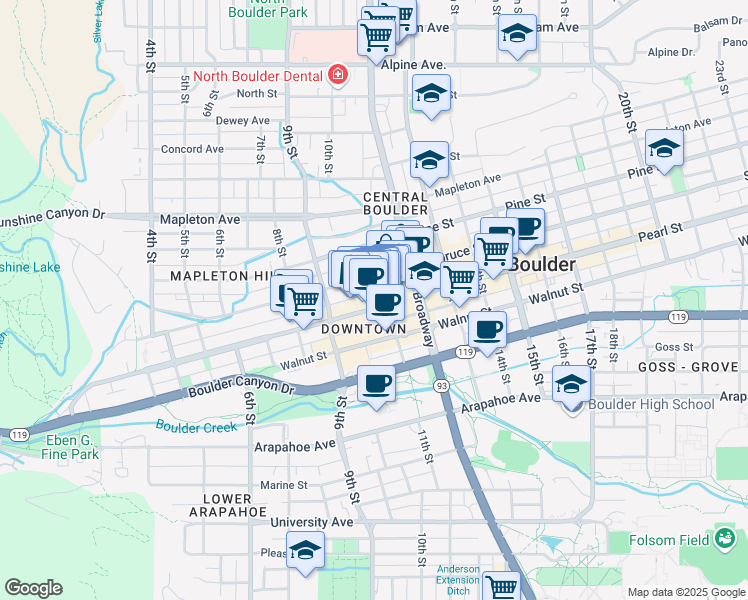 map of restaurants, bars, coffee shops, grocery stores, and more near in Boulder