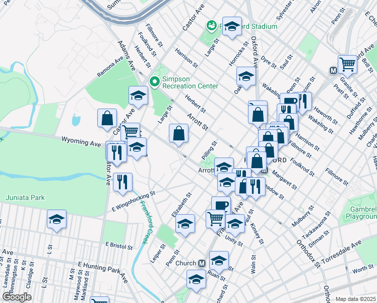 map of restaurants, bars, coffee shops, grocery stores, and more near 4612 Oakland Street in Philadelphia