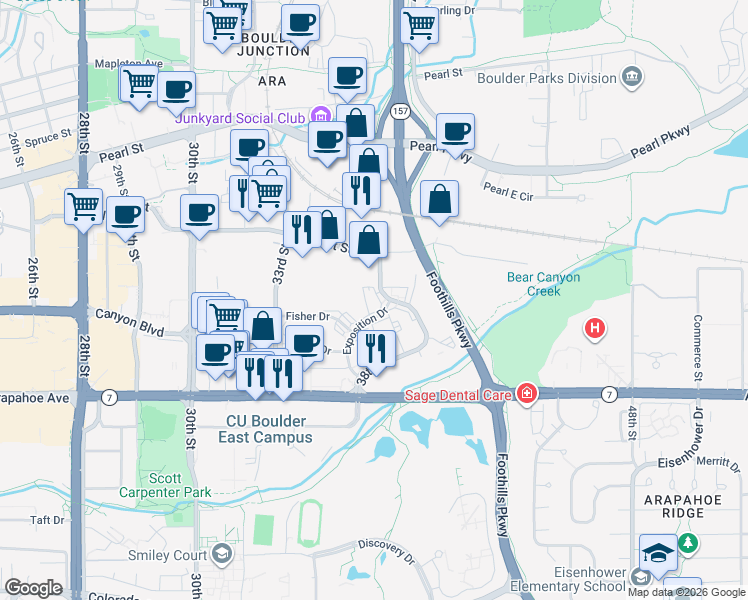 map of restaurants, bars, coffee shops, grocery stores, and more near 1835 38th Street in Boulder