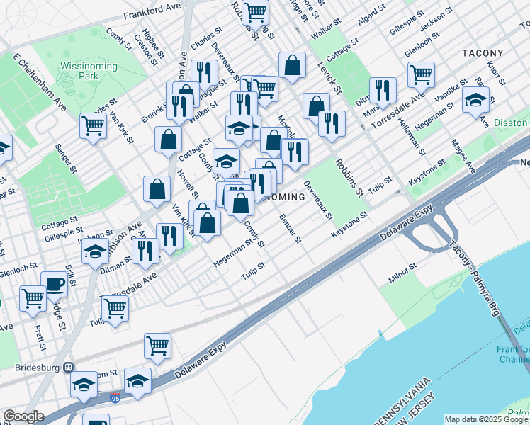 map of restaurants, bars, coffee shops, grocery stores, and more near 4711 Higbee Street in Philadelphia