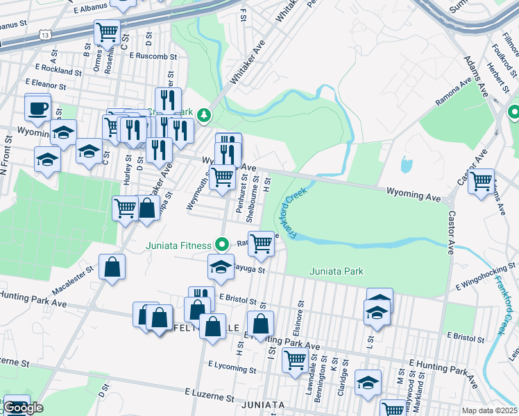 map of restaurants, bars, coffee shops, grocery stores, and more near 4596 H Street in Philadelphia
