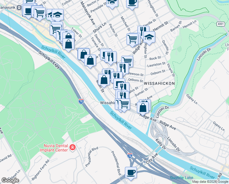 map of restaurants, bars, coffee shops, grocery stores, and more near 139 Vassar Street in Philadelphia