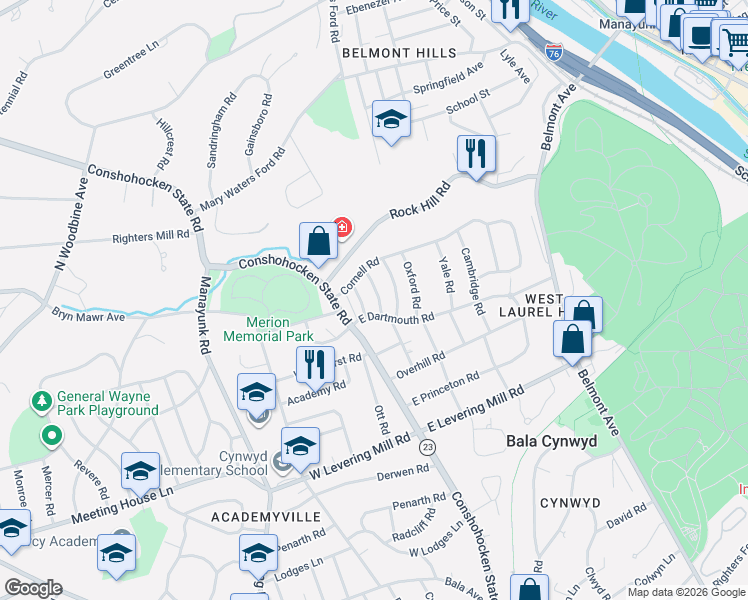map of restaurants, bars, coffee shops, grocery stores, and more near 726 Stradone Road in Bala Cynwyd