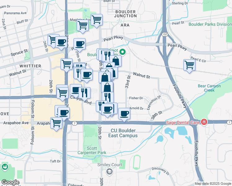 map of restaurants, bars, coffee shops, grocery stores, and more near 1850 30th Street in Boulder