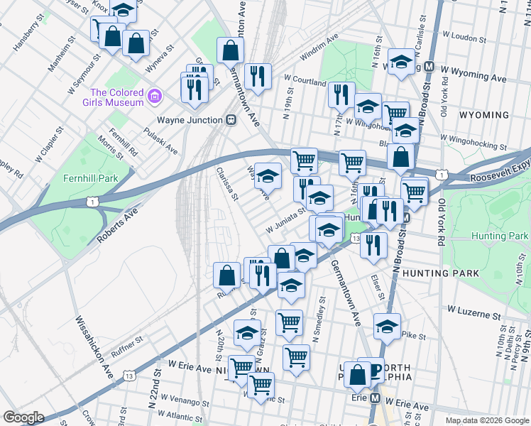 map of restaurants, bars, coffee shops, grocery stores, and more near 4301 Wayne Avenue in Philadelphia