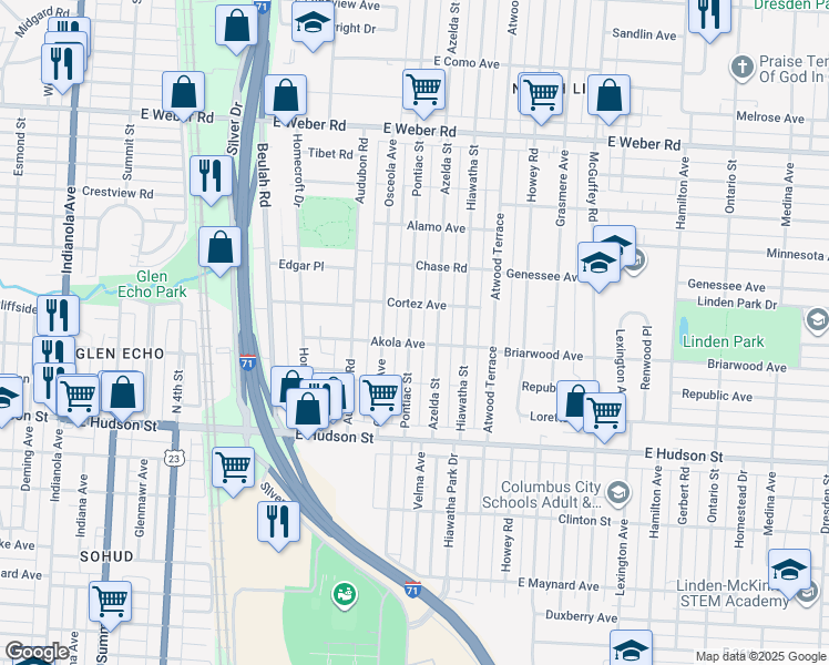 map of restaurants, bars, coffee shops, grocery stores, and more near 2590 Pontiac Street in Columbus