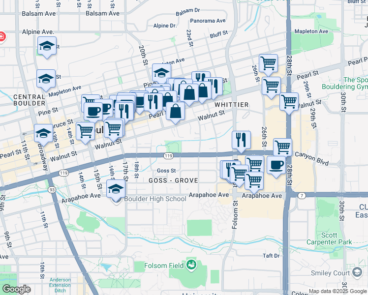 map of restaurants, bars, coffee shops, grocery stores, and more near 2175 South Walnut Street in Boulder