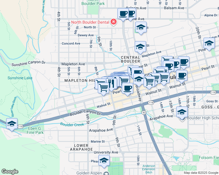 map of restaurants, bars, coffee shops, grocery stores, and more near 934 Spruce Street in Boulder