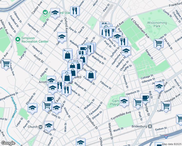 map of restaurants, bars, coffee shops, grocery stores, and more near 1673 Fillmore Street in Philadelphia