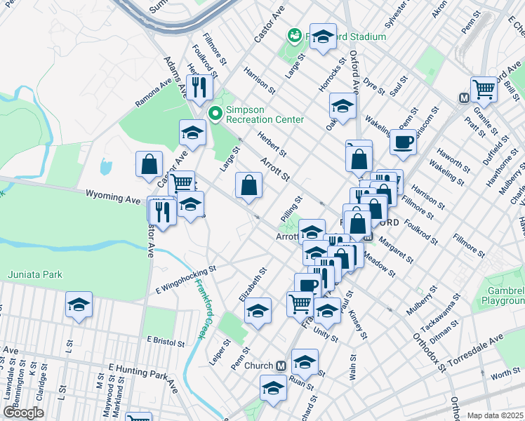 map of restaurants, bars, coffee shops, grocery stores, and more near 4612 Oakland Street in Philadelphia