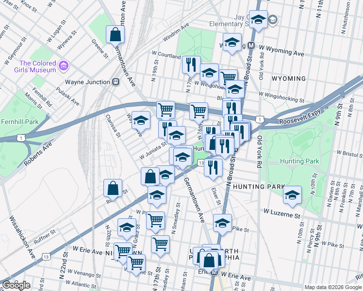 map of restaurants, bars, coffee shops, grocery stores, and more near 1705 West Juniata Street in Philadelphia