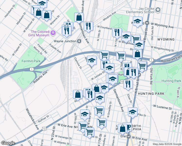 map of restaurants, bars, coffee shops, grocery stores, and more near 4301 Wayne Avenue in Philadelphia