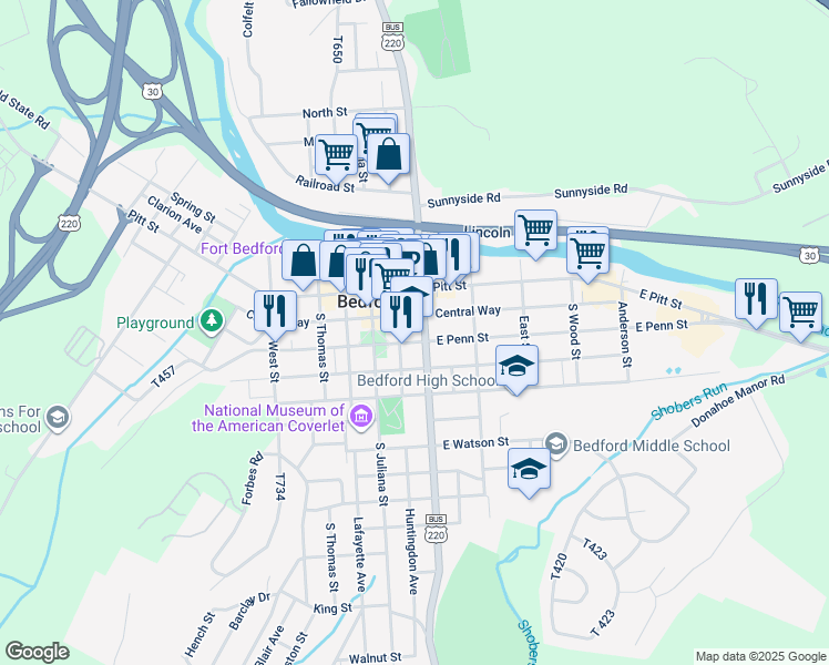 map of restaurants, bars, coffee shops, grocery stores, and more near 134 East Pitt Street in Bedford