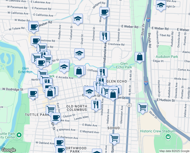 map of restaurants, bars, coffee shops, grocery stores, and more near 2710 Dayton Avenue in Columbus