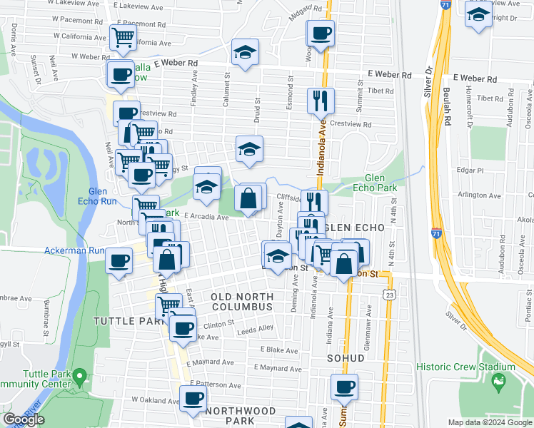 map of restaurants, bars, coffee shops, grocery stores, and more near 2717 Hibbert Avenue in Columbus