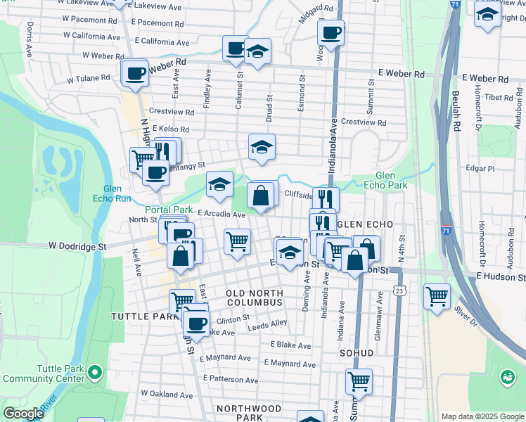 map of restaurants, bars, coffee shops, grocery stores, and more near 2717 Hibbert Avenue in Columbus