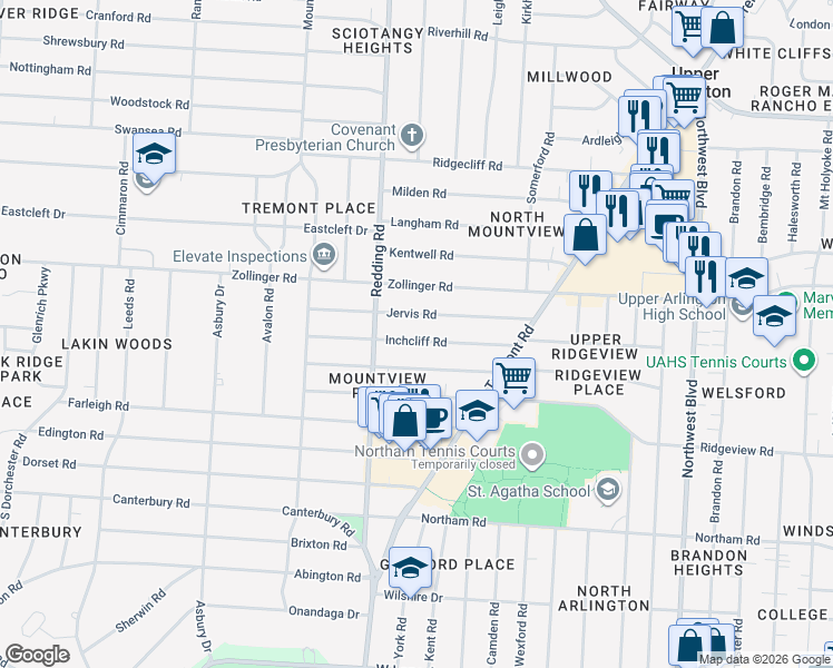 map of restaurants, bars, coffee shops, grocery stores, and more near 2096 Jervis Road in Columbus