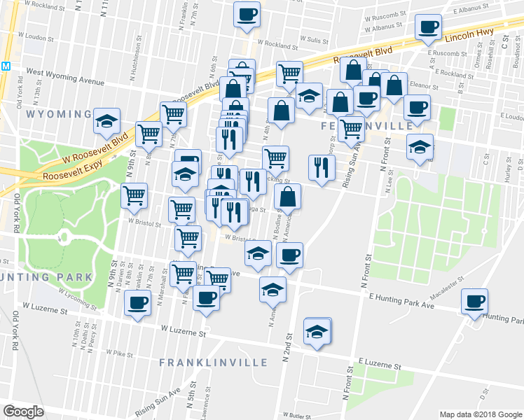 map of restaurants, bars, coffee shops, grocery stores, and more near 4399 North Orianna Street in Philadelphia