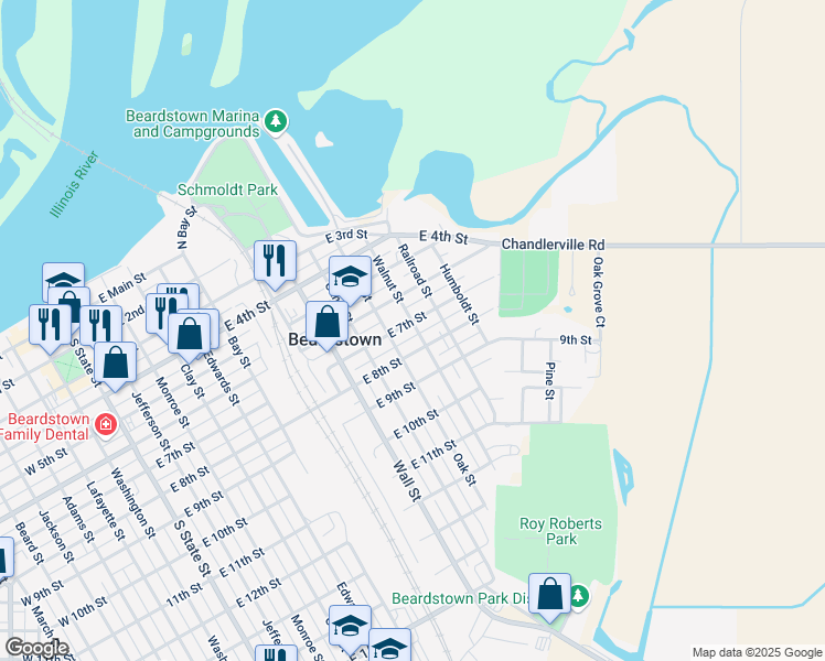 map of restaurants, bars, coffee shops, grocery stores, and more near 647 Walnut Street in Beardstown