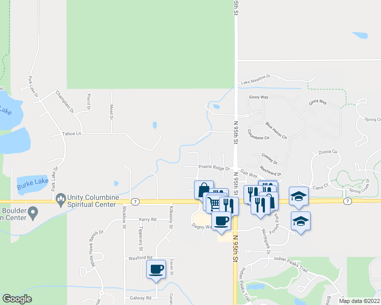 map of restaurants, bars, coffee shops, grocery stores, and more near Cross Creek Court in Lafayette