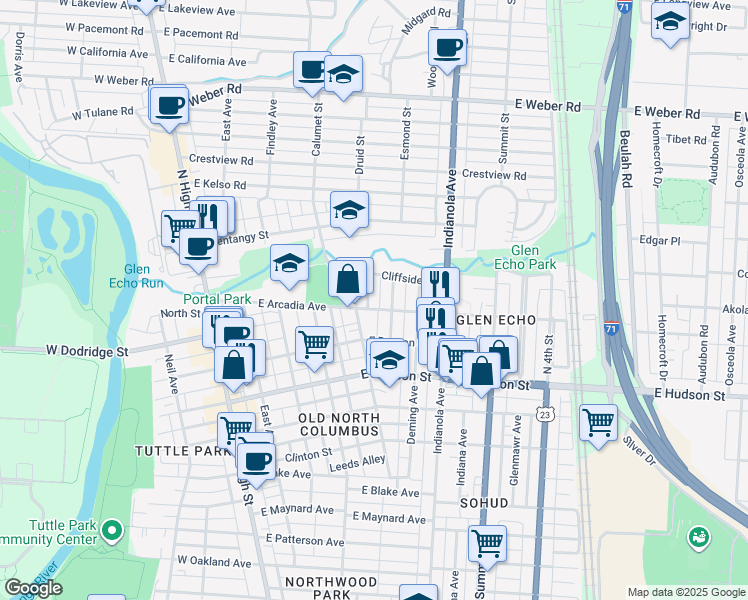 map of restaurants, bars, coffee shops, grocery stores, and more near 2717 Hibbert Avenue in Columbus