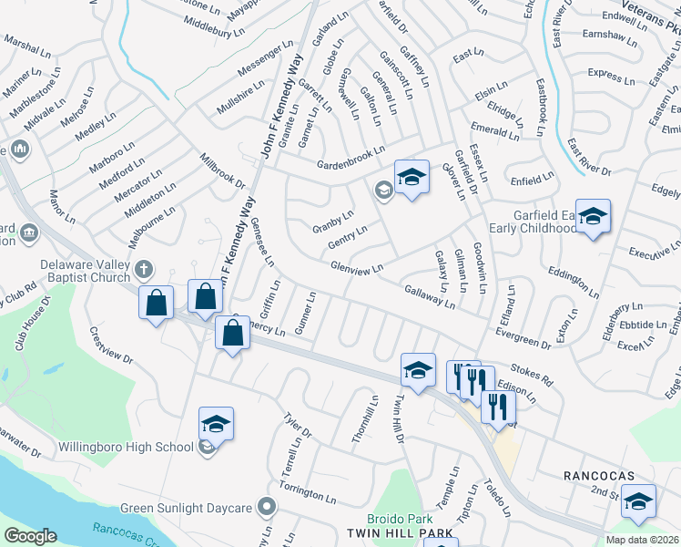 map of restaurants, bars, coffee shops, grocery stores, and more near 7 Gimble Lane in Willingboro